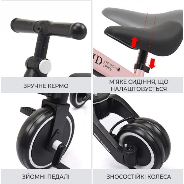Дитячий триколісний біговел-трансформер Poppet 3 в 1, чорно-рожевий 