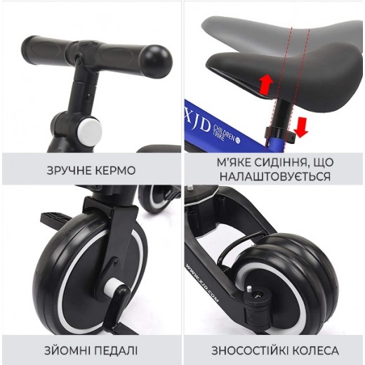 Детский трёхколёсный беговел-трансформер Poppet 3 в 1, чёрно-синий