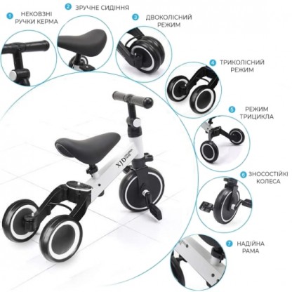 Дитячий триколісний біговел-трансформер Poppet  3 в 1, чорно-білий