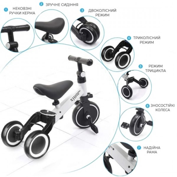 Дитячий триколісний біговел-трансформер Poppet  3 в 1, чорно-білий