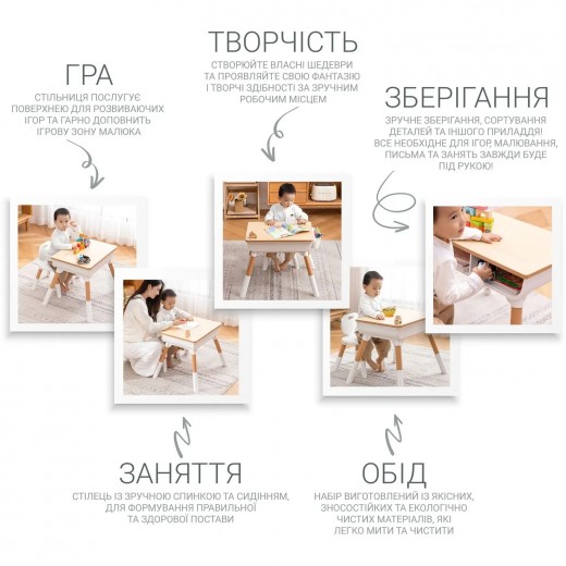 Дитячий багатофункціональний столик Poppet "Мультивуд 3в1" зі стільцем