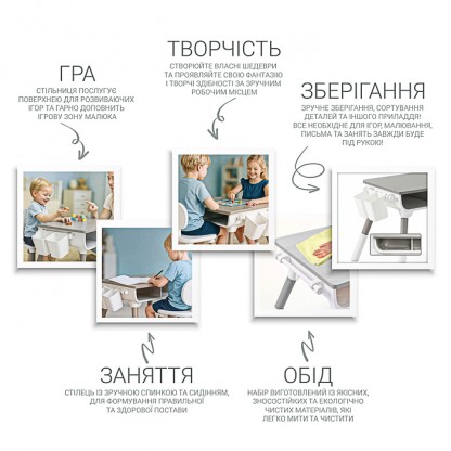 Купити дитячий багатофункціональний столик і стільчик Poppet Мультивуд Грін 3в1 в Україні. Регулювання висоти, натуральна деревина, зручне зберігання, навантаження до 100 кг. Для дітей 1–6 років.