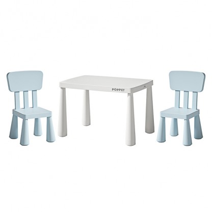 Купити дитячий столик і два стільці POPPET Маммут Уайт Бейбі Блу в Україні. Регулювання висоти, висувний пенал, навантаження до 100 кг. Для дому та вулиці. Для дітей 1–6 років.