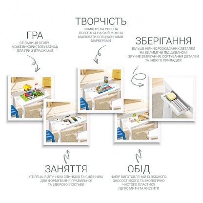 Купити дитячий столик і два стільці POPPET Маммут Уайт Бейбі Блу в Україні. Регулювання висоти, висувний пенал, навантаження до 100 кг. Для дому та вулиці. Для дітей 1–6 років.