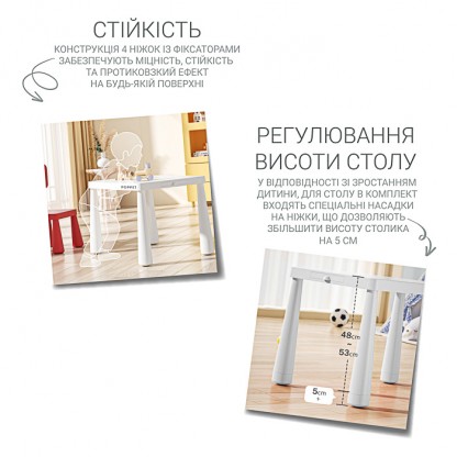Купити дитячий столик і два стільці POPPET Маммут Уайт Бейбі Блу в Україні. Регулювання висоти, висувний пенал, навантаження до 100 кг. Для дому та вулиці. Для дітей 1–6 років.