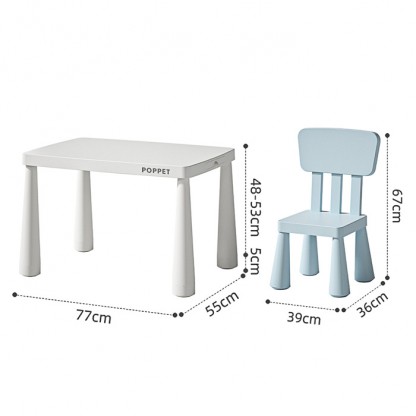Купити дитячий столик і два стільці POPPET Маммут Уайт Бейбі Блу в Україні. Регулювання висоти, висувний пенал, навантаження до 100 кг. Для дому та вулиці. Для дітей 1–6 років.