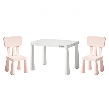 Купити дитячий столик і два стільці POPPET Mammut White Baby Pink в Україні. Регулювання висоти, висувний пенал, навантаження до 100 кг. Для дому та вулиці. Для дітей 1–6 років.