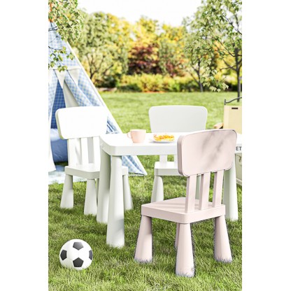 Купити дитячий столик і два стільці POPPET Mammut White Baby Pink в Україні. Регулювання висоти, висувний пенал, навантаження до 100 кг. Для дому та вулиці. Для дітей 1–6 років.