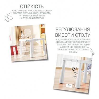 Купити дитячий столик і два стільці POPPET Mammut White Baby Pink в Україні. Регулювання висоти, висувний пенал, навантаження до 100 кг. Для дому та вулиці. Для дітей 1–6 років.