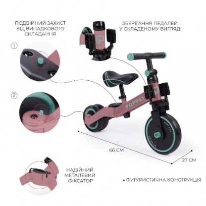 Дитячий триколісний біговел-трансформер POPPET 3 в 1, рожево-м'ятний 