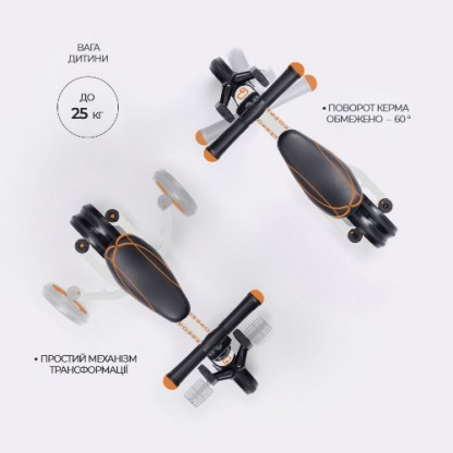 Дитячий триколісний біговел-трансформер POPPET 3 в 1,  біло-помаранчевий