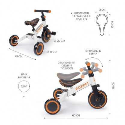 Дитячий триколісний біговел-трансформер POPPET 3 в 1,  біло-помаранчевий