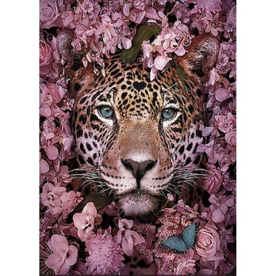 Алмазна мозаїка Strateg ПРЕМІУМ Леопард у квітах без підрамника розміром 30х40 см (GD84598)