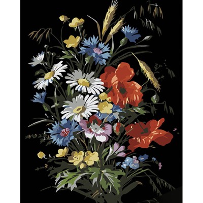 Картина за номерами Strateg ПРЕМІУМ Букет польових квітів на чорному фоні розміром 40х50 см (AH1040)