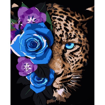 Картина за номерами Strateg ПРЕМІУМ Леопард у квітах на чорному фоні розміром 40х50 см (AH1033)