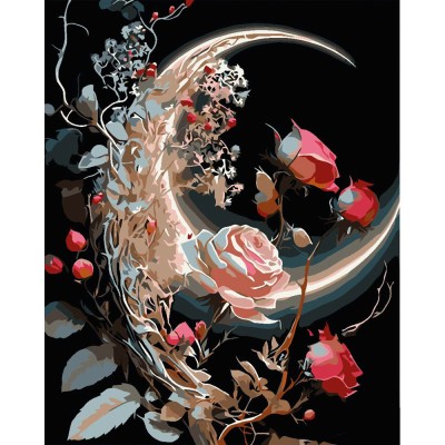 Картина за номерами Strateg ПРЕМІУМ Місяць у трояндах на чорному фоні розміром 40х50 см (AH1004)