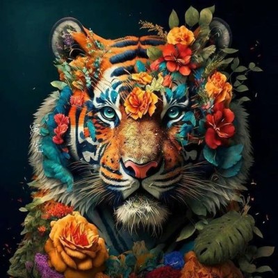 Картина за номерами Strateg ПРЕМІУМ Яскравий тигр у квітах на чорному фоні розміром 40х40 см (AV4040-8)