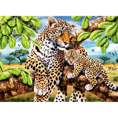 Алмазна мозаїка Strateg ПРЕМІУМ Леопард з дитинчатою без підрамника розміром 50х65 см (SGK76327)