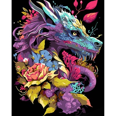 Картина за номерами Strateg ПРЕМІУМ Дракон у квітках на чорному фоні розміром 40х50 см (AH1037)