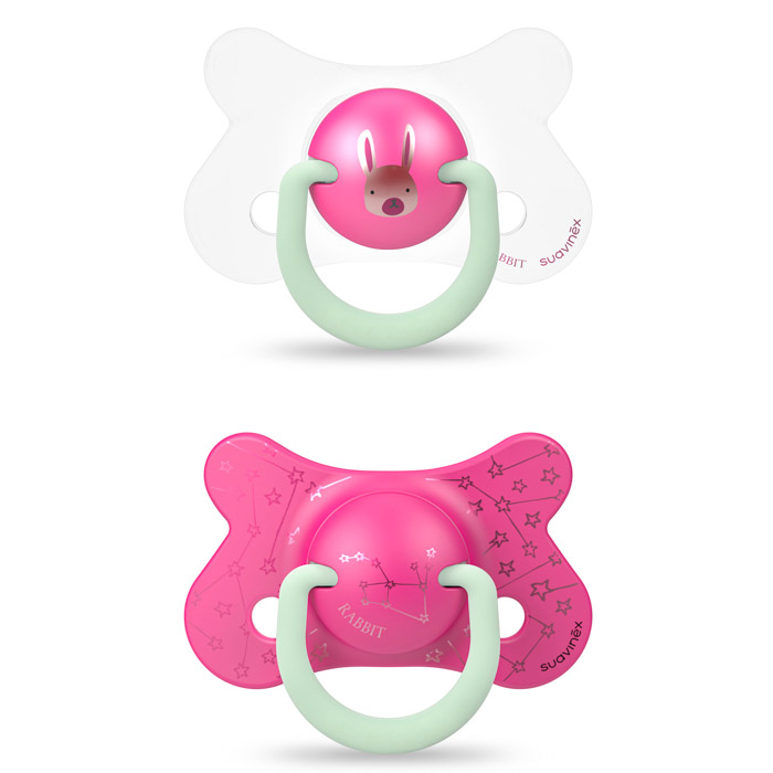 Набір з 2 нічних пустушок Suavinex, 4 -18 міс., рожевий зайчик