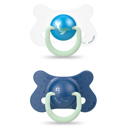 Набір нічних пустушок Suavinex, 4–18 міс., синій кит (2 шт)