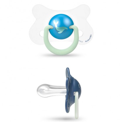 Набір нічних пустушок Suavinex, 4–18 міс., синій кит (2 шт)