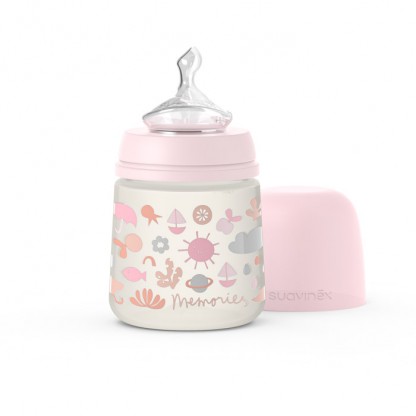 Пляшечка Suavinex, 150 мл, анатомічна соска, повільний потік, рожева