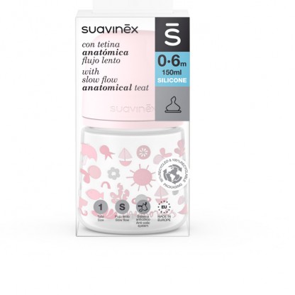 Пляшечка Suavinex, 150 мл, анатомічна соска, повільний потік, рожева