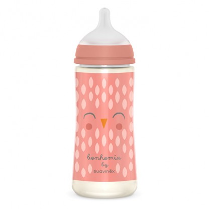 Пляшечка Suavinex Bonhomia, 360 мл, фізіологічна соска, інтенсивний потік, рожева