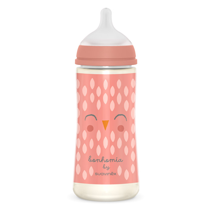 Пляшечка Suavinex Bonhomia, 360 мл, фізіологічна соска, інтенсивний потік, рожева