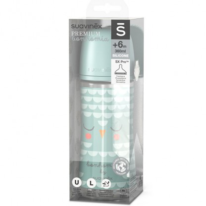 Пляшечка Suavinex Bonhomia, 360 мл, фізіологічна соска, інтенсивний потік, зелена