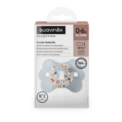 Пустышка-бабочка физиологическая Suavinex Wonderland, 0–6 мес., голубая с рисунком