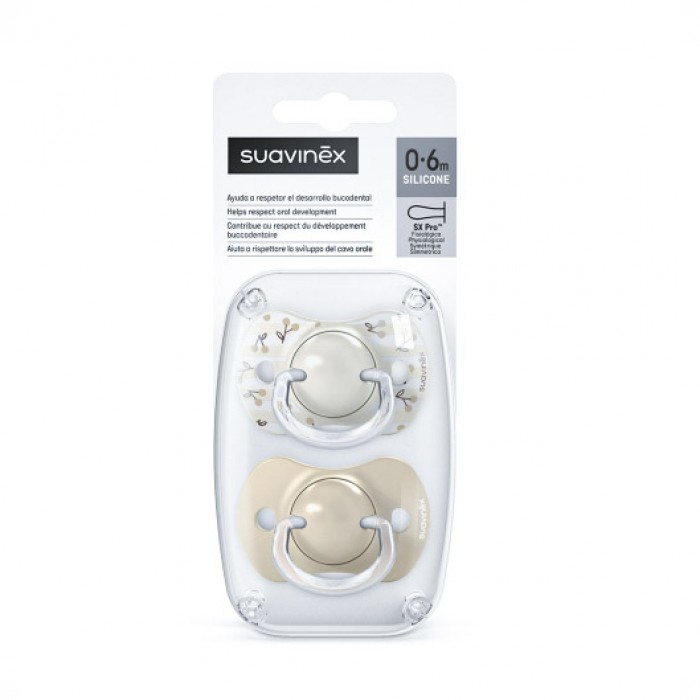 Набор физиологических пустышек Suavinex Birdies, 2 шт., 0–6 мес, белая + бежевая