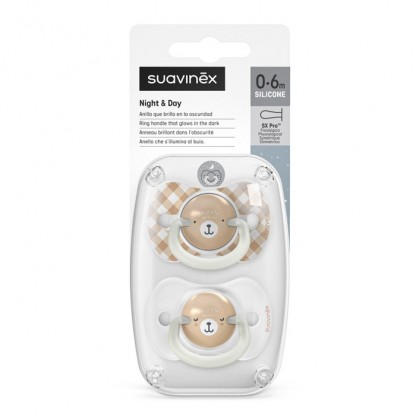 Набір фізіологічних пустушок Suavinex Wild & Free Night, 2 шт., 0–6 міс, бежева з малюнком