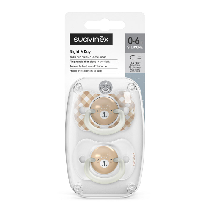 Набор физиологических пустышек Suavinex Wild & Free Night, 2 шт., 0–6 мес, бежевая с рисунком