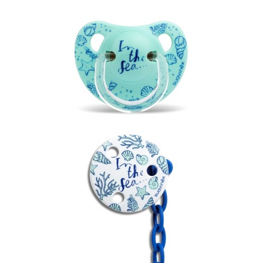 Пустышка анатомическая Suavinex и клипса, 6-18 месяцев, Морские истории голубая