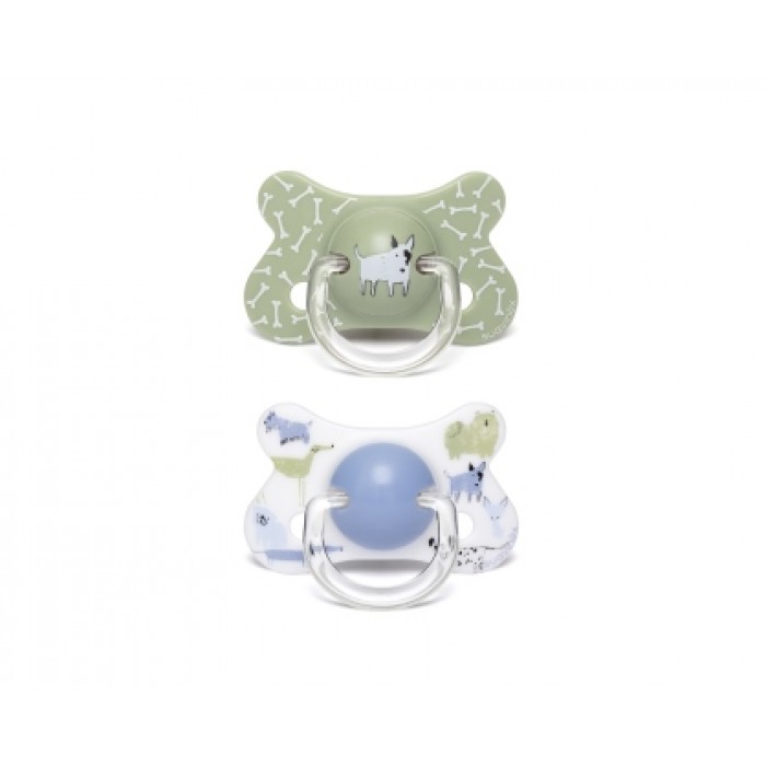 2 пустышки физиологические Suavinex, +18 месяцев, Истории щенков зеленая, голубая