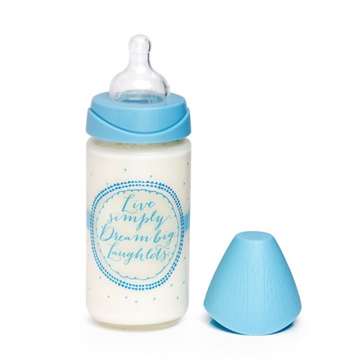 Пляшечка скляна, 240 мл, 3-позиційна соска, Сенс життя, блакитна