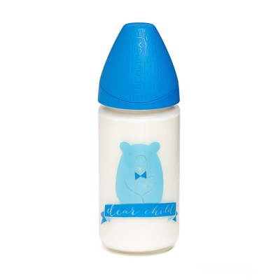 Пляшечка скляна Suavinex 240 мл, Сенс життя, синій ведмідь