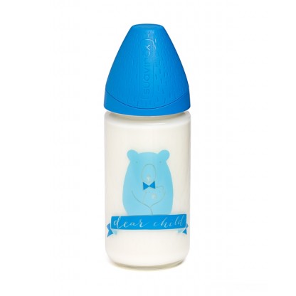 Бутылочка стеклянная Suavinex 240 мл, Смысл жизни, синий медведь