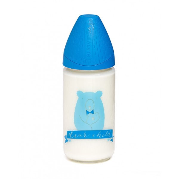 Бутылочка стеклянная Suavinex 240 мл, Смысл жизни, синий медведь