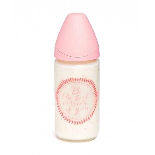 Пляшечка скляна, 240 мл, 3-позиційна соска, Сенс життя, рожева