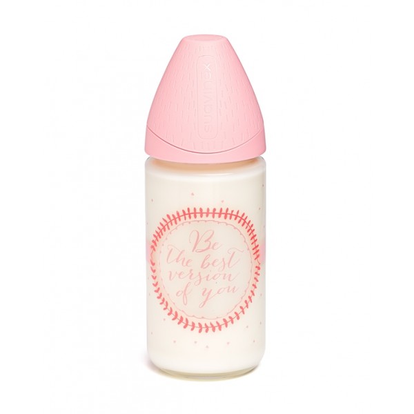 Бутылочка стеклянная, 240 мл, 3-позиционная соска, Смысл жизни, розовая