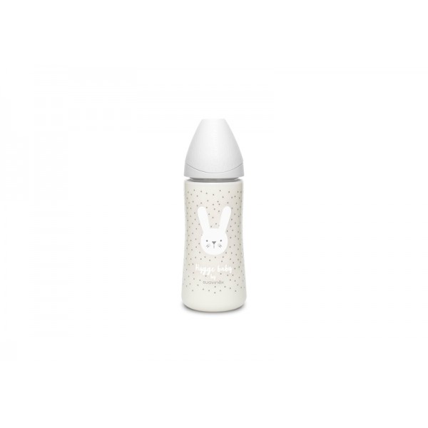 Бутылочка 360 мл, круглая соска быстрый поток, Suavinex - Уютные истории, серый зайчик