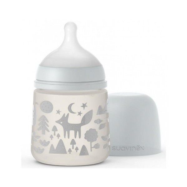 Пляшка 150 мл, фізіологічна соска повільний потік, Suavinex - Історії лисиці, сіра