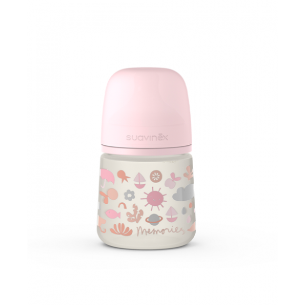 Пляшка 150 мл, фізіологічна соска повільний потік, Suavinex - Історії малюків, рожева