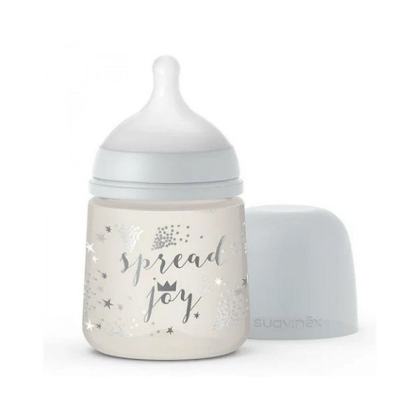 Бутылочка Suavinex 150 мл, физиологическая соска, медленный поток, серебряная корона