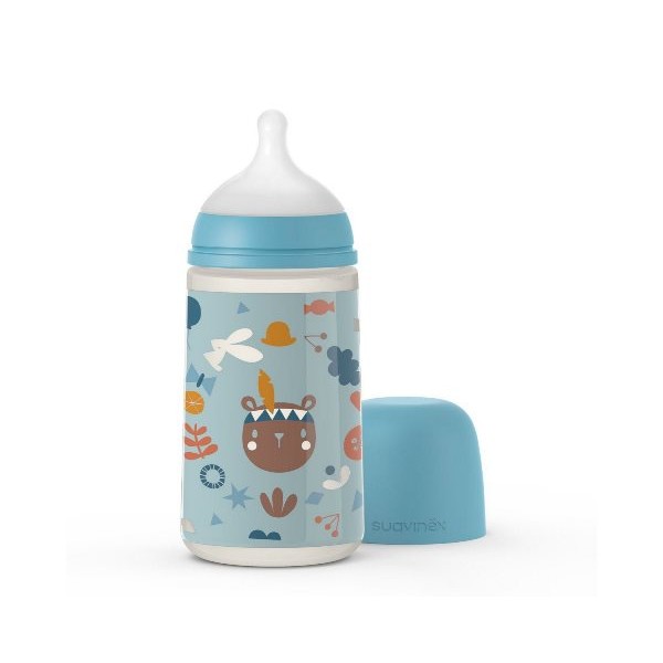 Бутылочка Suavinex - 270 мл, физиологическая соска средний поток, Лесные истории голубая