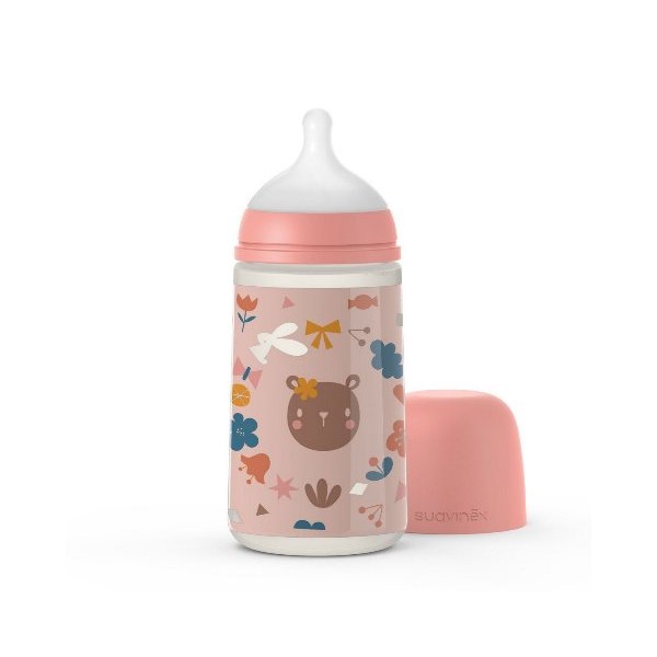 Бутылочка Suavinex 270 мл, физиологическая соска средний поток Лесные истории, розовая