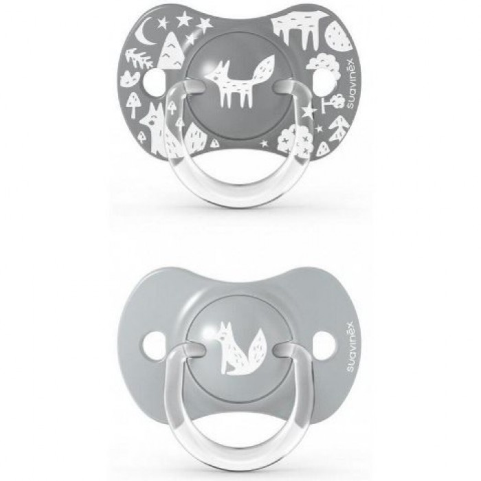 Пустышка физиологическая Suavinex, 2 шт, +18 месяцев, Fox - истории лисы, серая